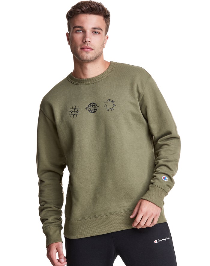 Champion Mens Sweatshirt NZ - Powerblend Fleece Crew Multi-Logos Olive ( 5913-RBPCF )